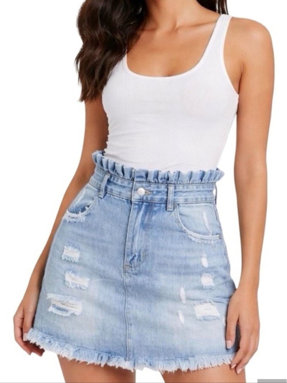 Hayden Los Angeles High Rise Light Wash Ruffle Waist Distressed Skirt Size Small